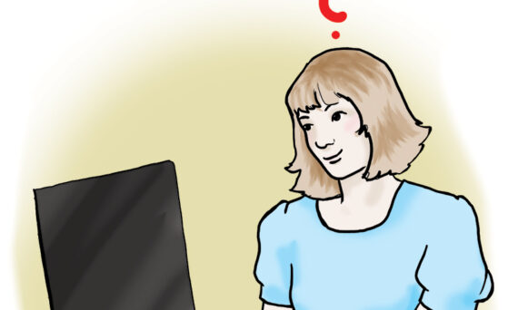 Eine Frau mit einem hellblauen T-Shirt sitzt vor einem Laptop. Über der Frau schwebt ein rotes Fragezeichen.